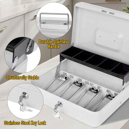 Metal Cash Box with Security Lock & 2 Keys - 4 Bill/5 Coin Tray Storage, Large Lockable Money Box for Small Business/Home