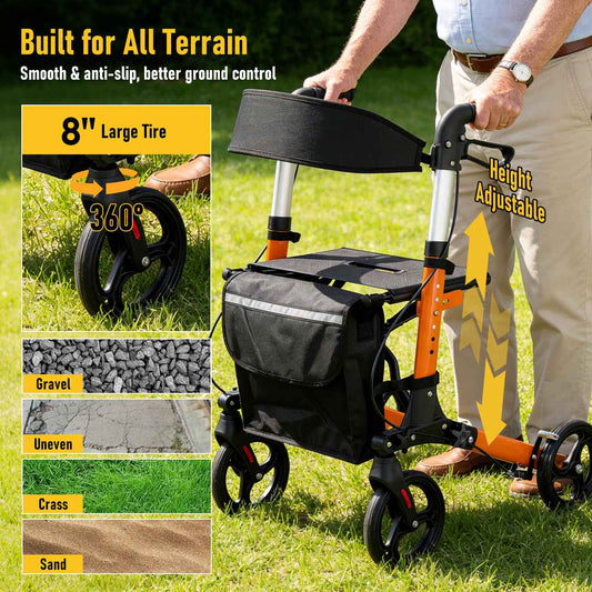 Aluminium Rollator Walker for Elderly with Seat & Reflective Strip, 4 Wheel Foldable Mobility Hight Adjustable with Storage Bag and Brakes Mobility Scooter