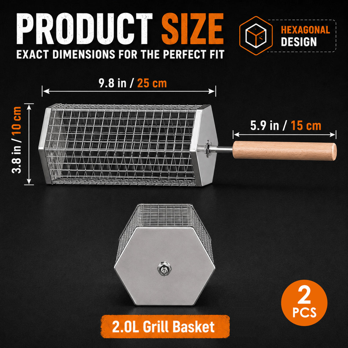 2Pcs Rolling Grill Basket with Removable Handle, 304 Stainless Steel BBQ Grilling Basket for Vegetables, Fish, Shrimp & Meat
