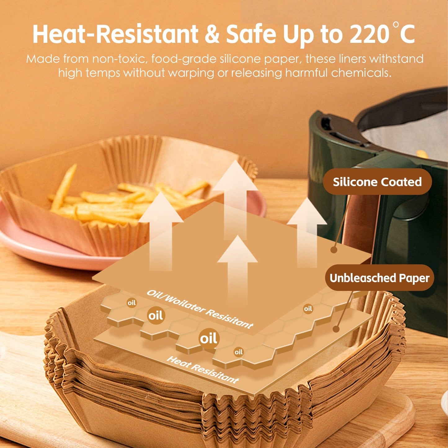 200 Pcs Disposable Unbleached Silicone Paper Dish Air-fryer Liner (100 small round + 100 large square)