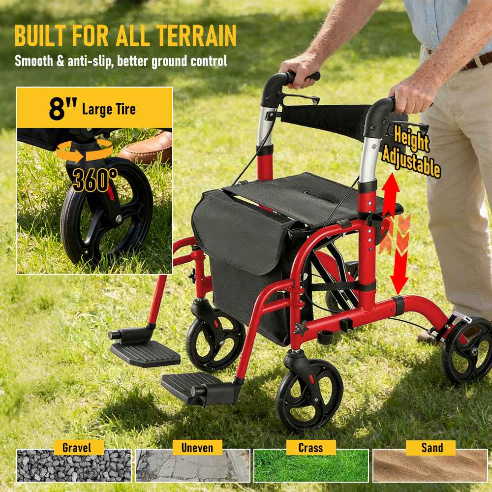 2-in-1 Rollator Walker & Transport Chair for Seniors, Foldable Lightweight Aluminum Mobility Walker with Footrests, Adjustable Handles, 8" All-Terrain Wheels, Removable Storage Bag, Supports Up to 300 lbs (136 kg)