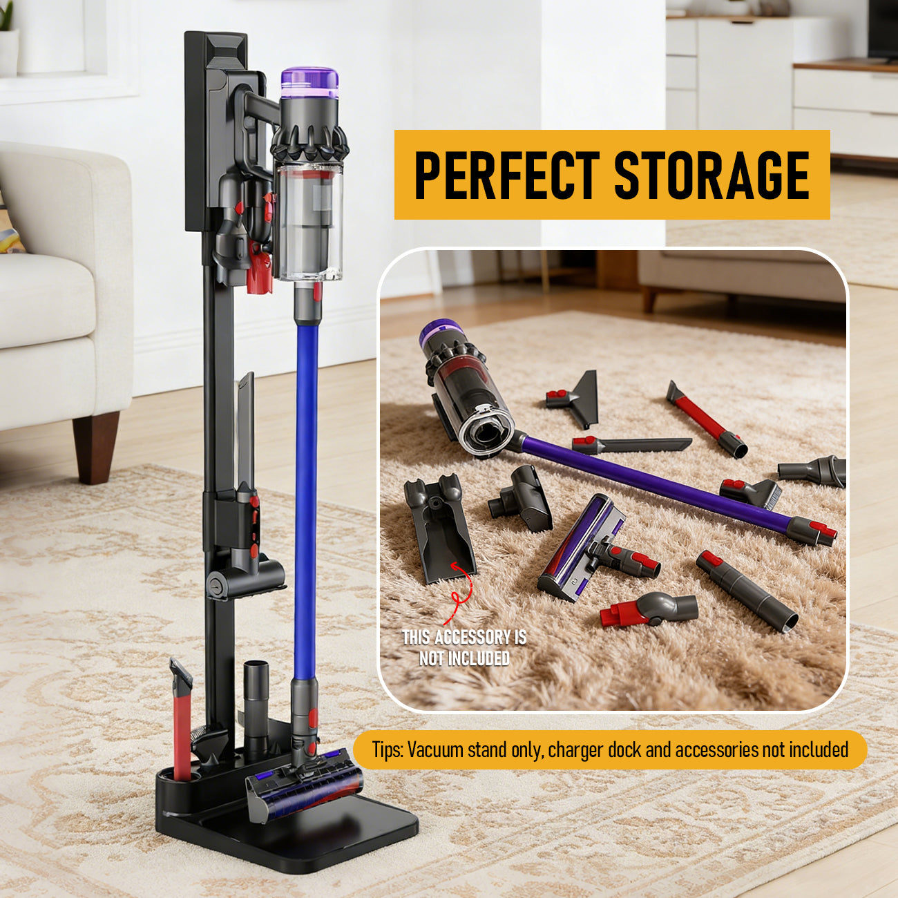 Mershine Dyson Vacuum Stand, Stand-Storage-Holder-Station-Docking, Compatible with Dyson V6 V7 V8 V10 V11 V12 V15 V16 SV18 SV21 Cordless Vacuum Cleaners, with 6-8 Accessories Storage Space