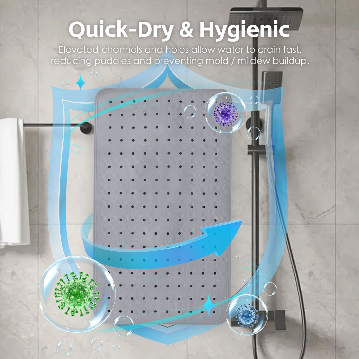 2 Pcs  70×40 cm Anti‑Slip Grip Shower Mat Quick‑Dry Bath Mat with 100+ Suction Cups