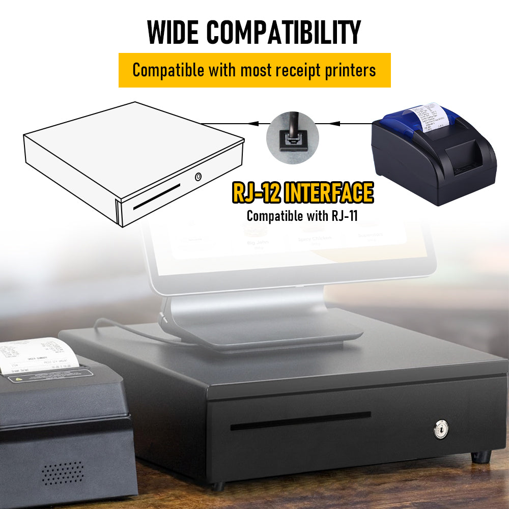Heavy-Duty All-Metal Cash Drawer | 6 Coin Trays & 5 Note Trays | RJ-12 Interface | For Retail, Restaurant, Bar & Café | Black