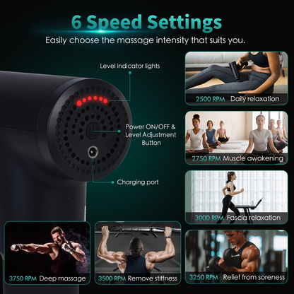 Remology Impact Massage Gun – 6 Speed Deep Tissue Muscle Massager with 4 Interchangeable Heads, Rechargeable Handheld Body Massager for Gym & Home