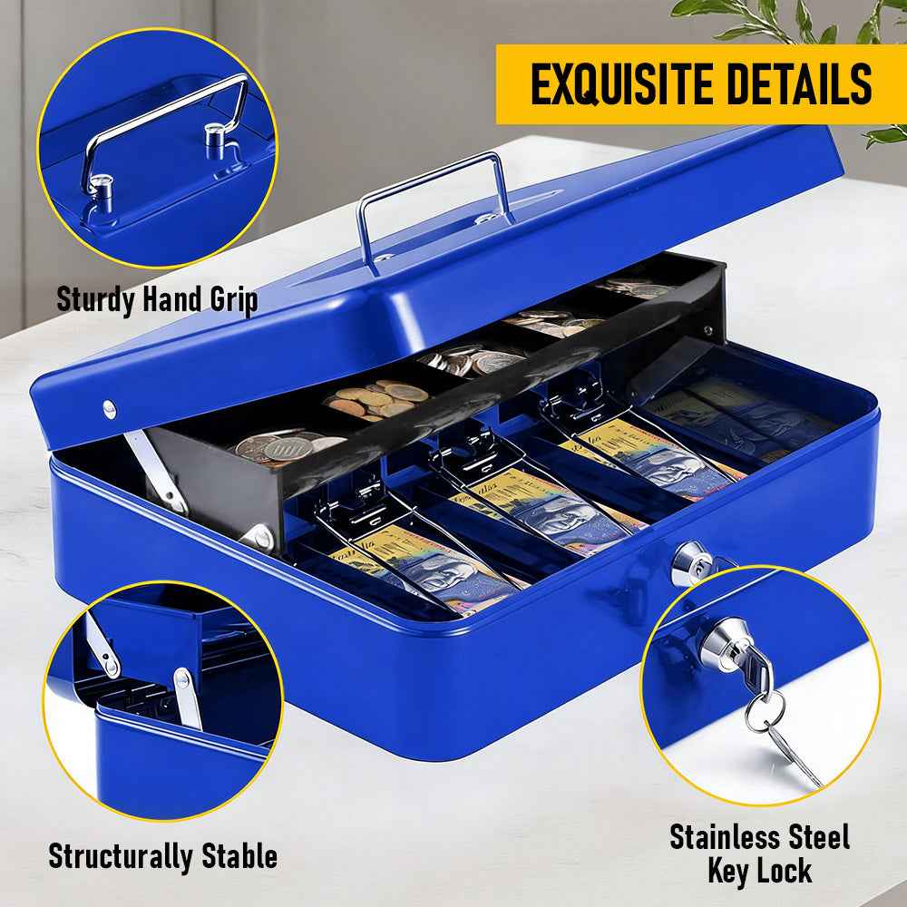 Metal Cash Box with Security Lock & 2 Keys - 4 Bill/5 Coin Tray Storage, Large Lockable Money Box for Small Business/Home
