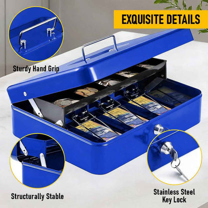 Metal Cash Box with Security Lock & 2 Keys - 4 Bill/5 Coin Tray Storage, Large Lockable Money Box for Small Business/Home