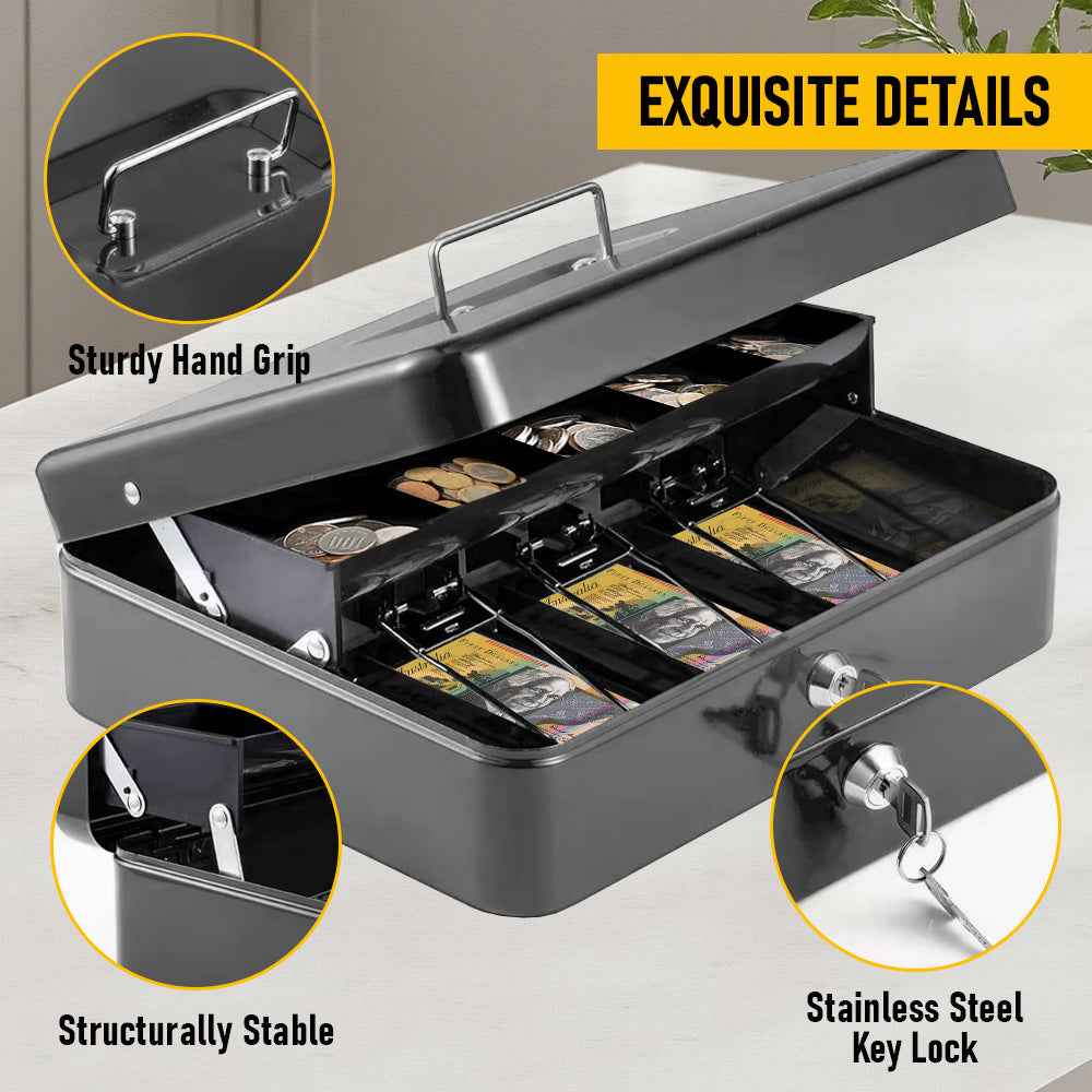 Metal Cash Box with Security Lock & 2 Keys - 4 Bill/5 Coin Tray Storage, Large Lockable Money Box for Small Business/Home