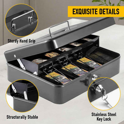 Metal Cash Box with Security Lock & 2 Keys - 4 Bill/5 Coin Tray Storage, Large Lockable Money Box for Small Business/Home