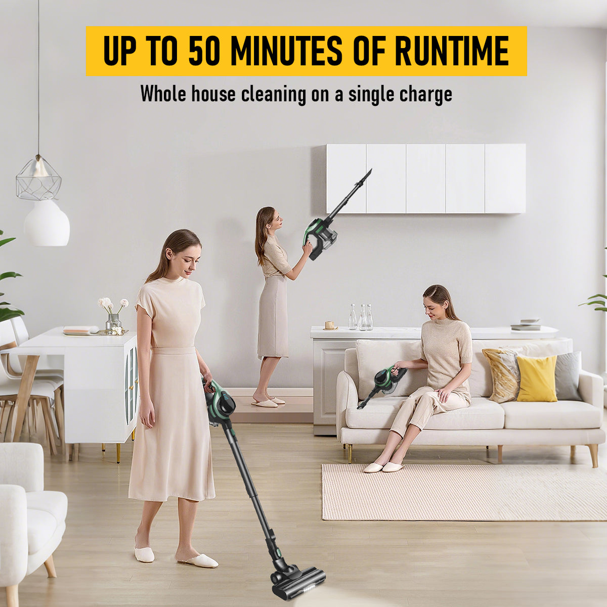 Cordless Stick Vacuum Cleaner, 350W Powerful Suction, LED Floor Head, 40-Min Runtime