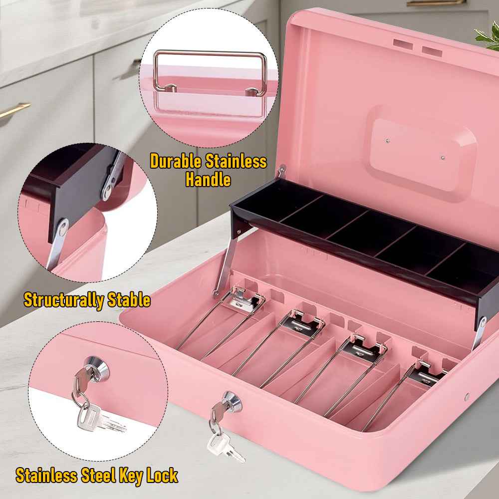 Metal Cash Box with Security Lock & 2 Keys - 4 Bill/5 Coin Tray Storage, Large Lockable Money Box for Small Business/Home (Pink)
