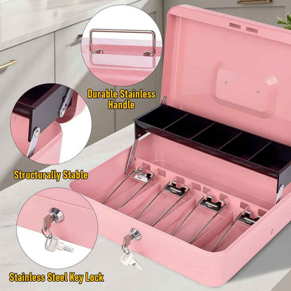 Metal Cash Box with Security Lock & 2 Keys - 4 Bill/5 Coin Tray Storage, Large Lockable Money Box for Small Business/Home (Pink)