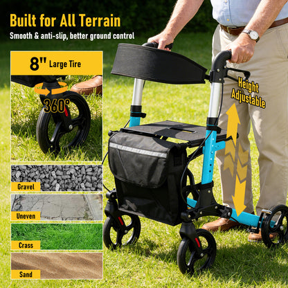 Aluminium Rollator Walker for Elderly with Seat & Reflective Strip, 4 Wheel Foldable Mobility Hight Adjustable with Storage Bag and Brakes Mobility Scooter
