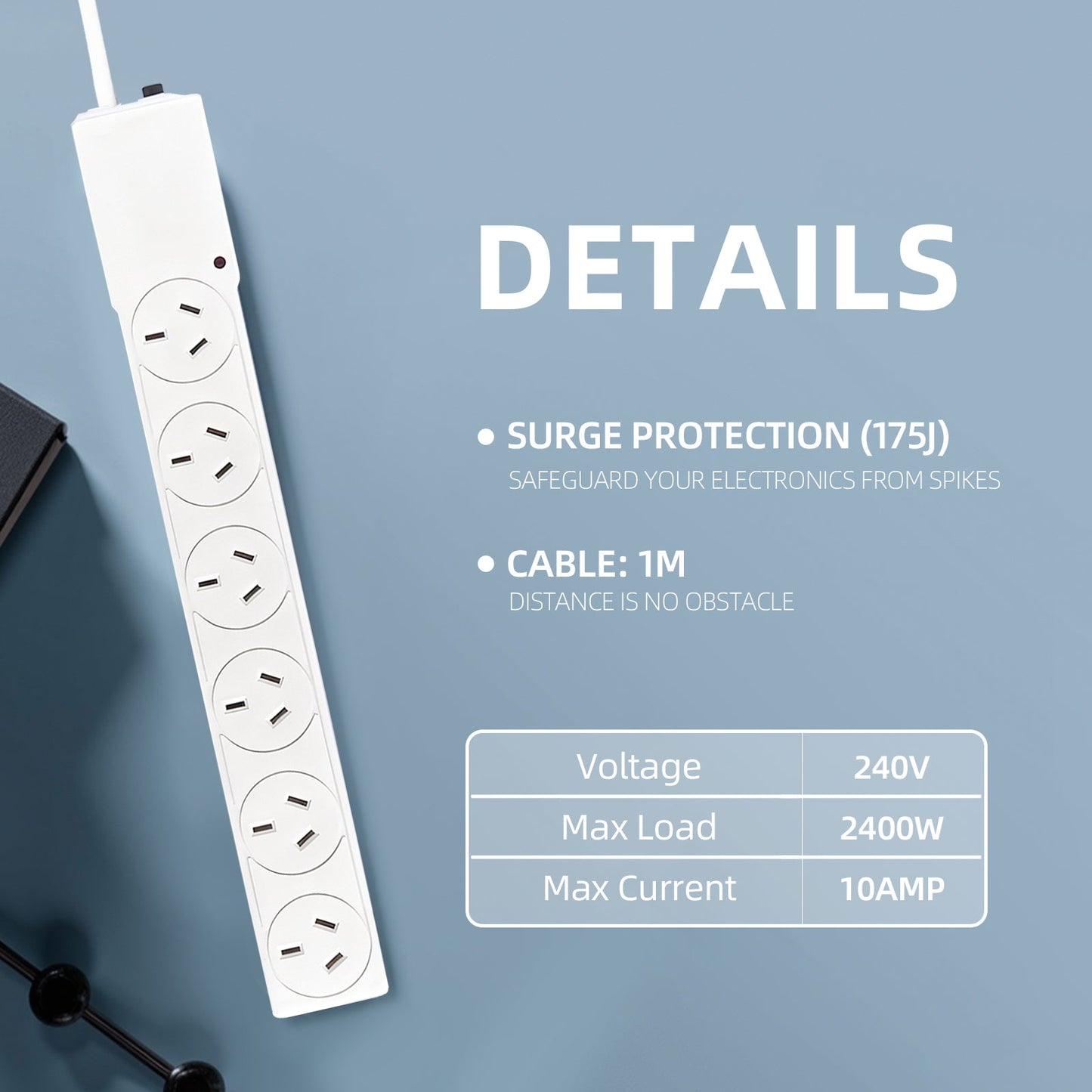 6 Outlet Power Board With Surge Protection 1M Lead Cable