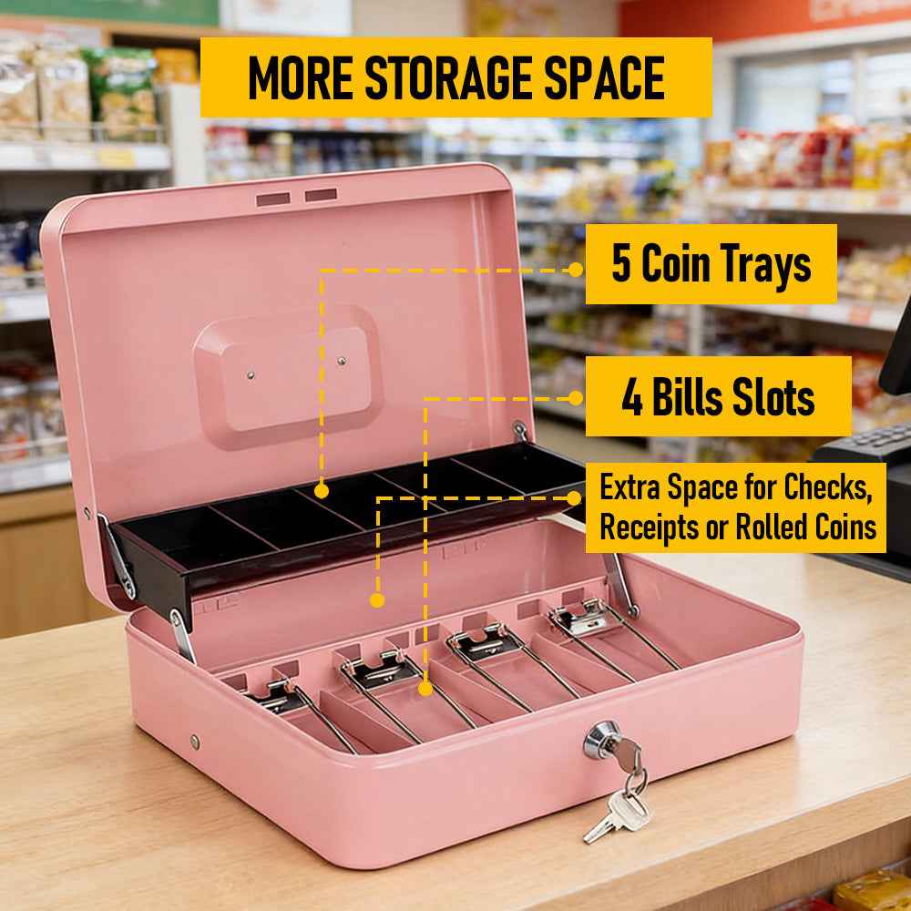 Metal Cash Box with Security Lock & 2 Keys - 4 Bill/5 Coin Tray Storage, Large Lockable Money Box for Small Business/Home (Pink)