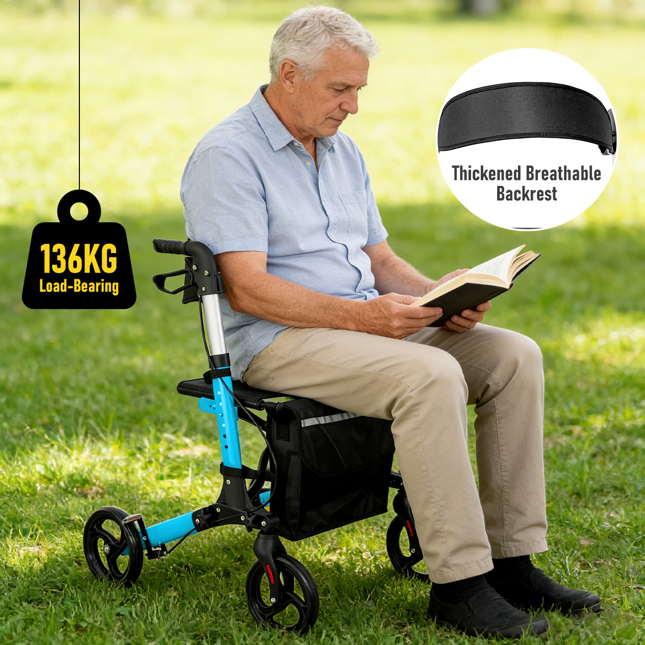 Aluminium Rollator Walker for Elderly with Seat & Reflective Strip, 4 Wheel Foldable Mobility Hight Adjustable with Storage Bag and Brakes Mobility Scooter