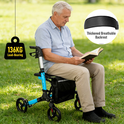 Aluminium Rollator Walker for Elderly with Seat & Reflective Strip, 4 Wheel Foldable Mobility Hight Adjustable with Storage Bag and Brakes Mobility Scooter