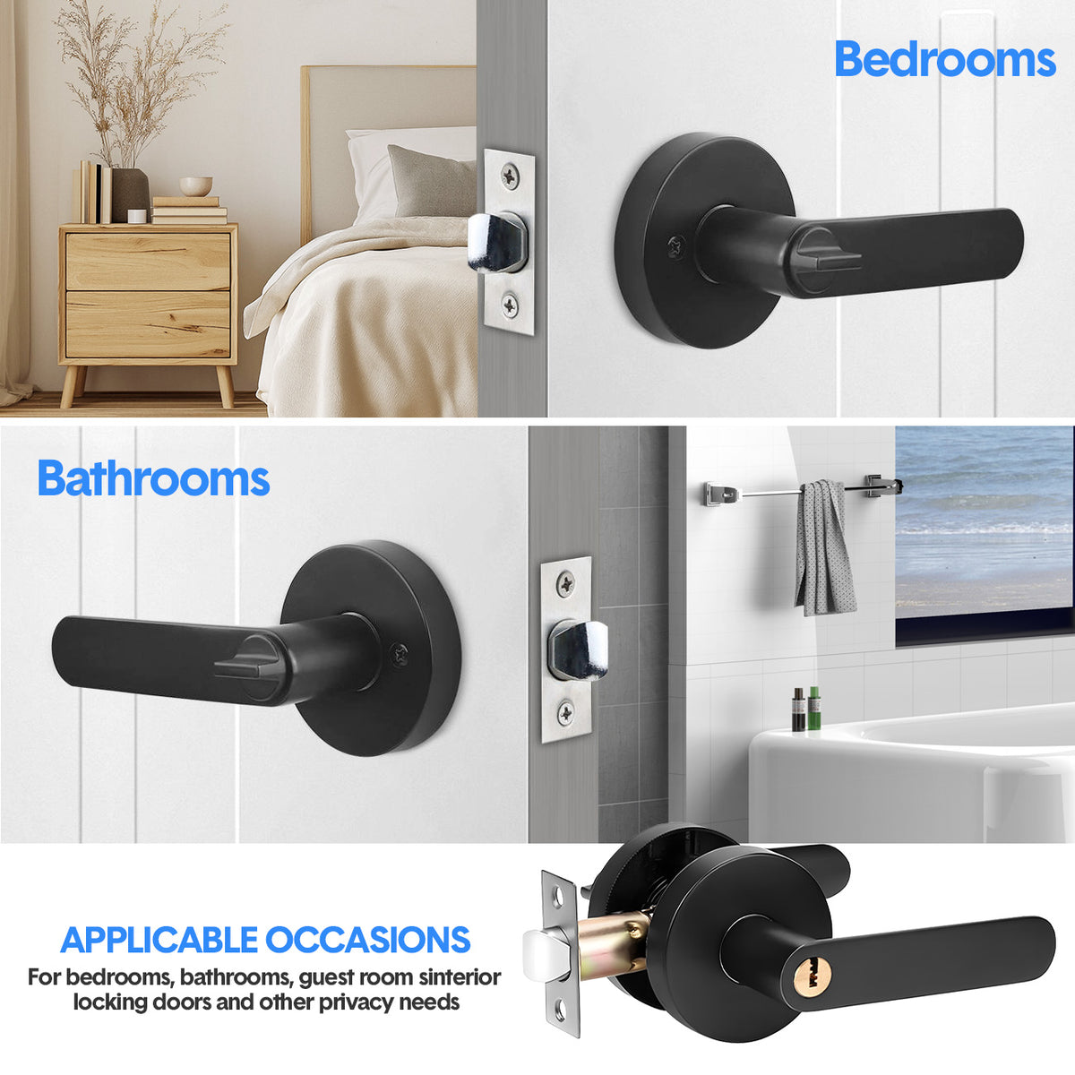 Privacy Door Lever Handle with Key, Heavy Duty Interior Door Lock, Round Design, 4 Pack, Matte Black