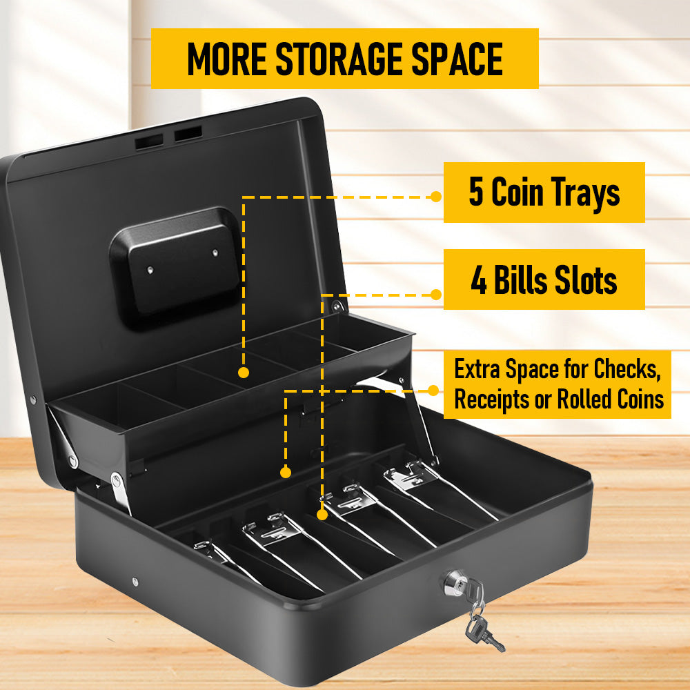 Metal Cash Box with Security Lock & 2 Keys - 4 Bill/5 Coin Tray Storage, Large Lockable Money Box for Small Business/Home