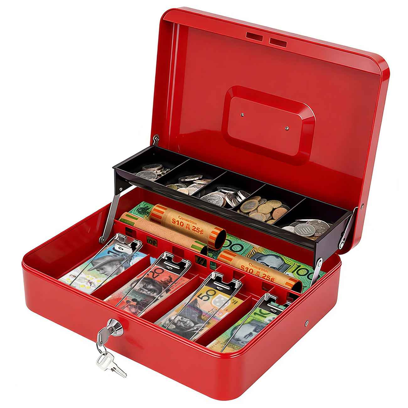 Metal Cash Box with Security Lock & 2 Keys - 4 Bill/5 Coin Tray Storage, Large Lockable Money Box for Small Business/Home