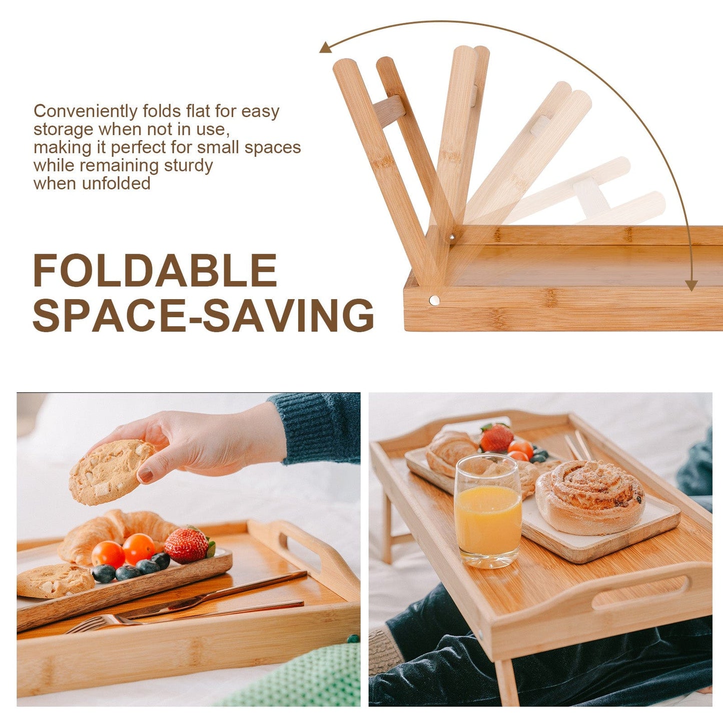 2 Pcs Foldable Bamboo Breakfast Bed Tray – Portable Lap Table with Handles