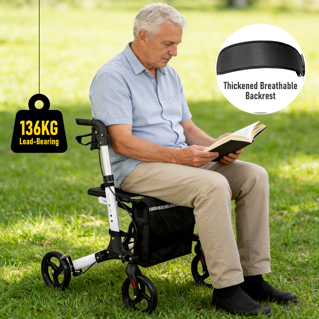 Aluminium Rollator Walker with Seat & Storage Bag | Foldable 4-Wheel Mobility Aid for Elderly | White
