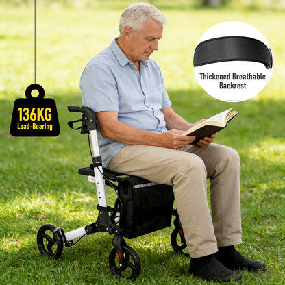 Aluminium Rollator Walker with Seat & Storage Bag | Foldable 4-Wheel Mobility Aid for Elderly | White