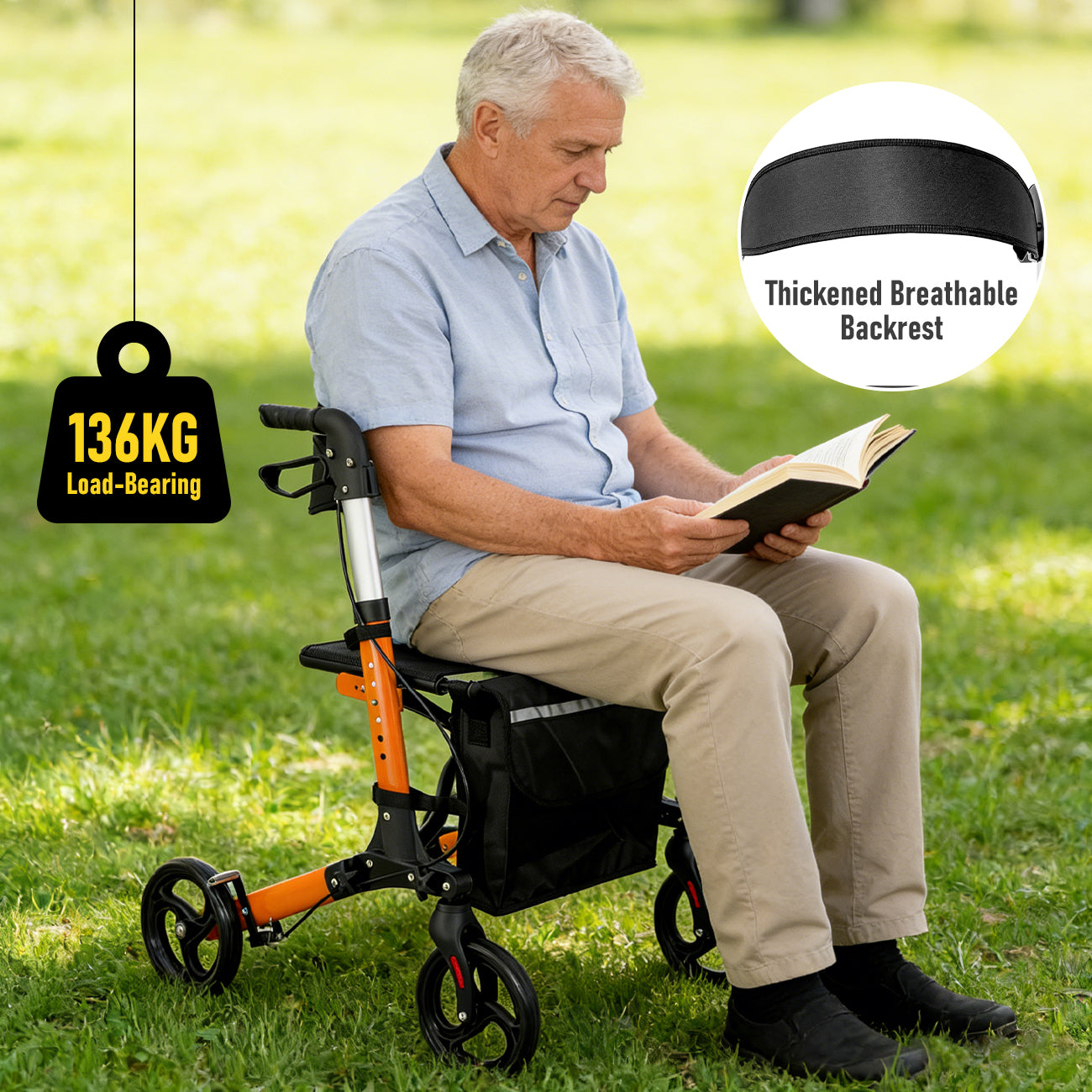 Aluminium Rollator Walker for Elderly with Seat & Reflective Strip, 4 Wheel Foldable Mobility Hight Adjustable with Storage Bag and Brakes Mobility Scooter
