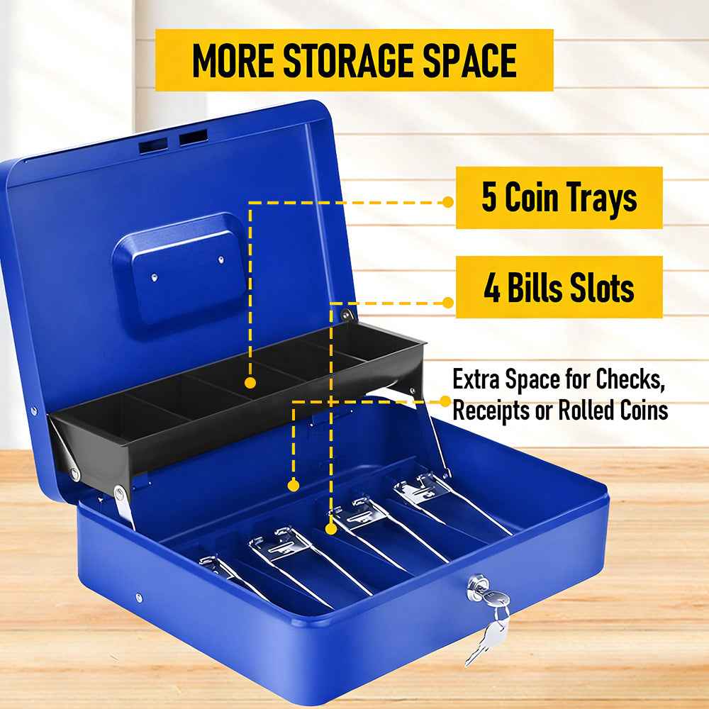 Metal Cash Box with Security Lock & 2 Keys - 4 Bill/5 Coin Tray Storage, Large Lockable Money Box for Small Business/Home