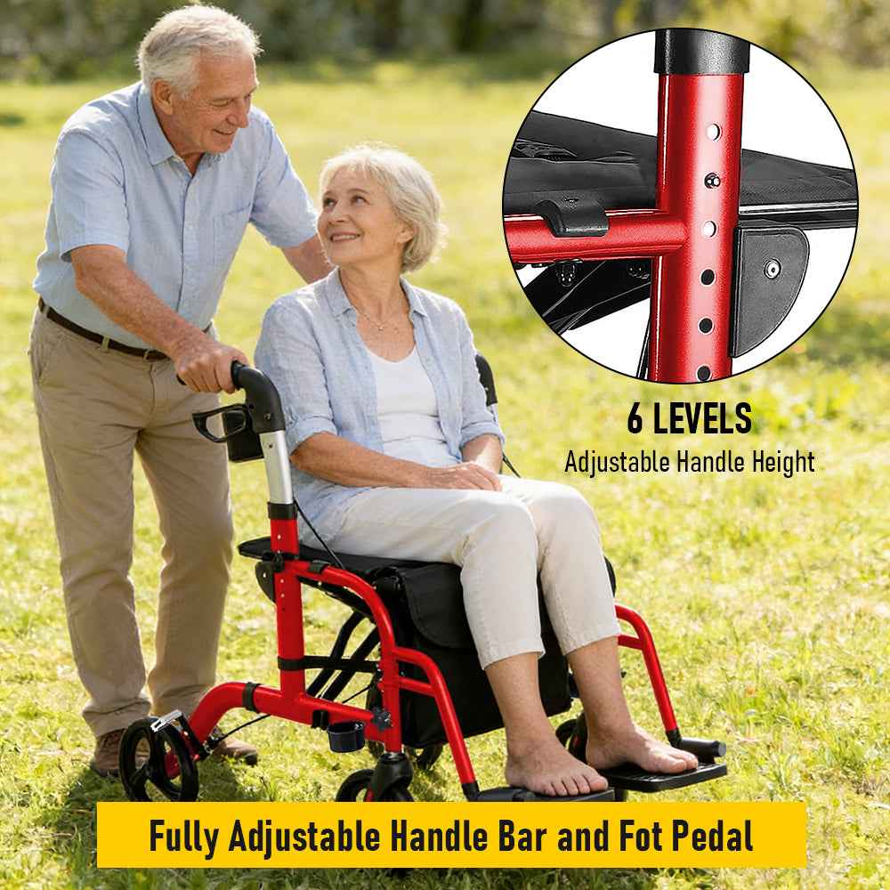 2-in-1 Rollator Walker & Transport Chair for Seniors, Foldable Lightweight Aluminum Mobility Walker with Footrests, Adjustable Handles, 8" All-Terrain Wheels, Removable Storage Bag, Supports Up to 300 lbs (136 kg)