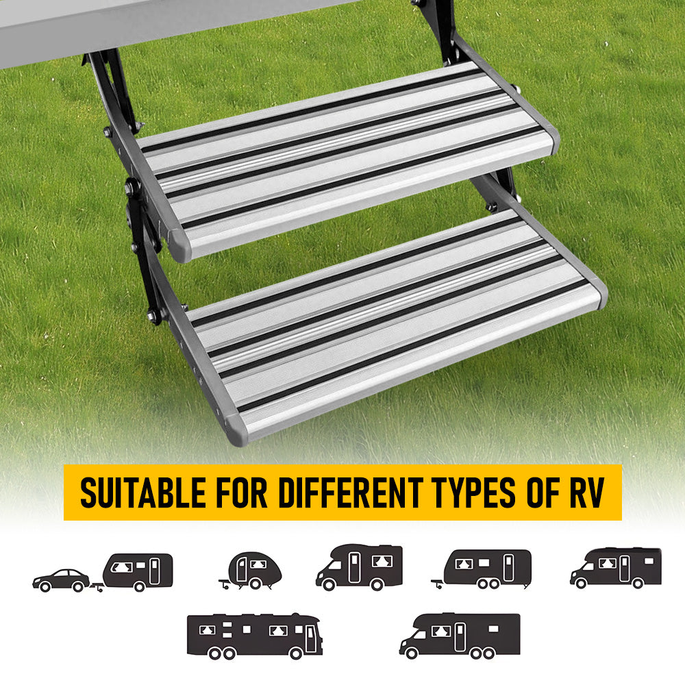 200kg Heavy Duty Double Aluminium Caravan Step, Foldable Pull-Out RV Entry Step with Anti-Slip Surface, 2-Step Ladder for Caravan, Motorhome, Camper Van & Camper Trailer