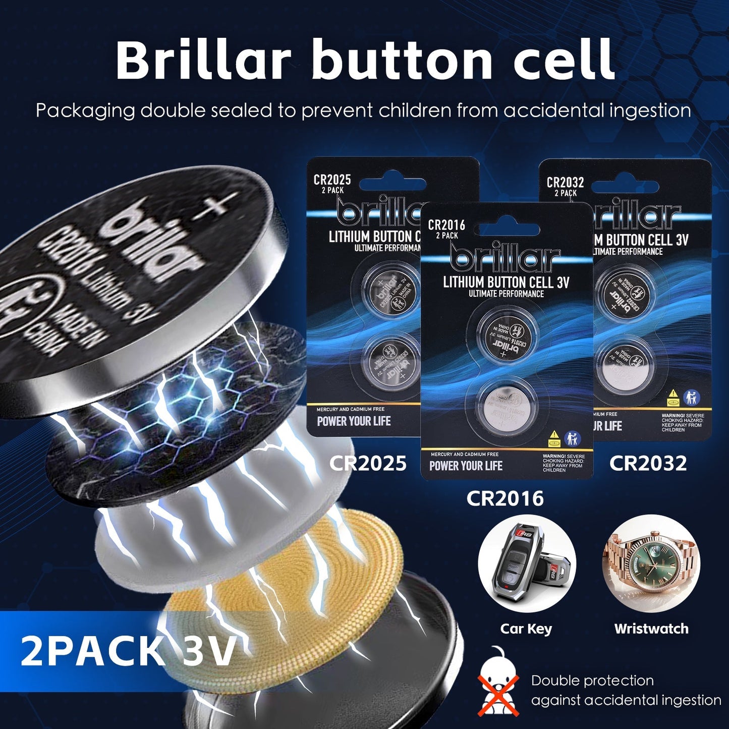 2 Pcs Brillar CR2016 Lithium Button Cell