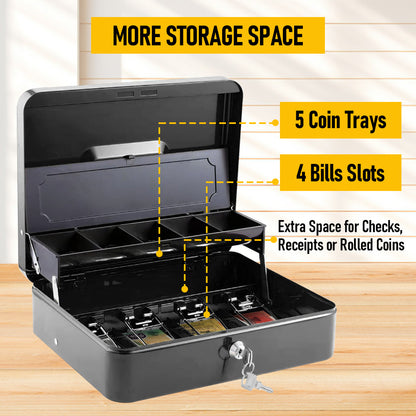 Metal Cash Box with Security Lock & 2 Keys, 4 Bill & 5 Coin Tray with Coin Retainer Cover, Large Lockable Money Box for Small Business, Office, Home, Fundraising & Events