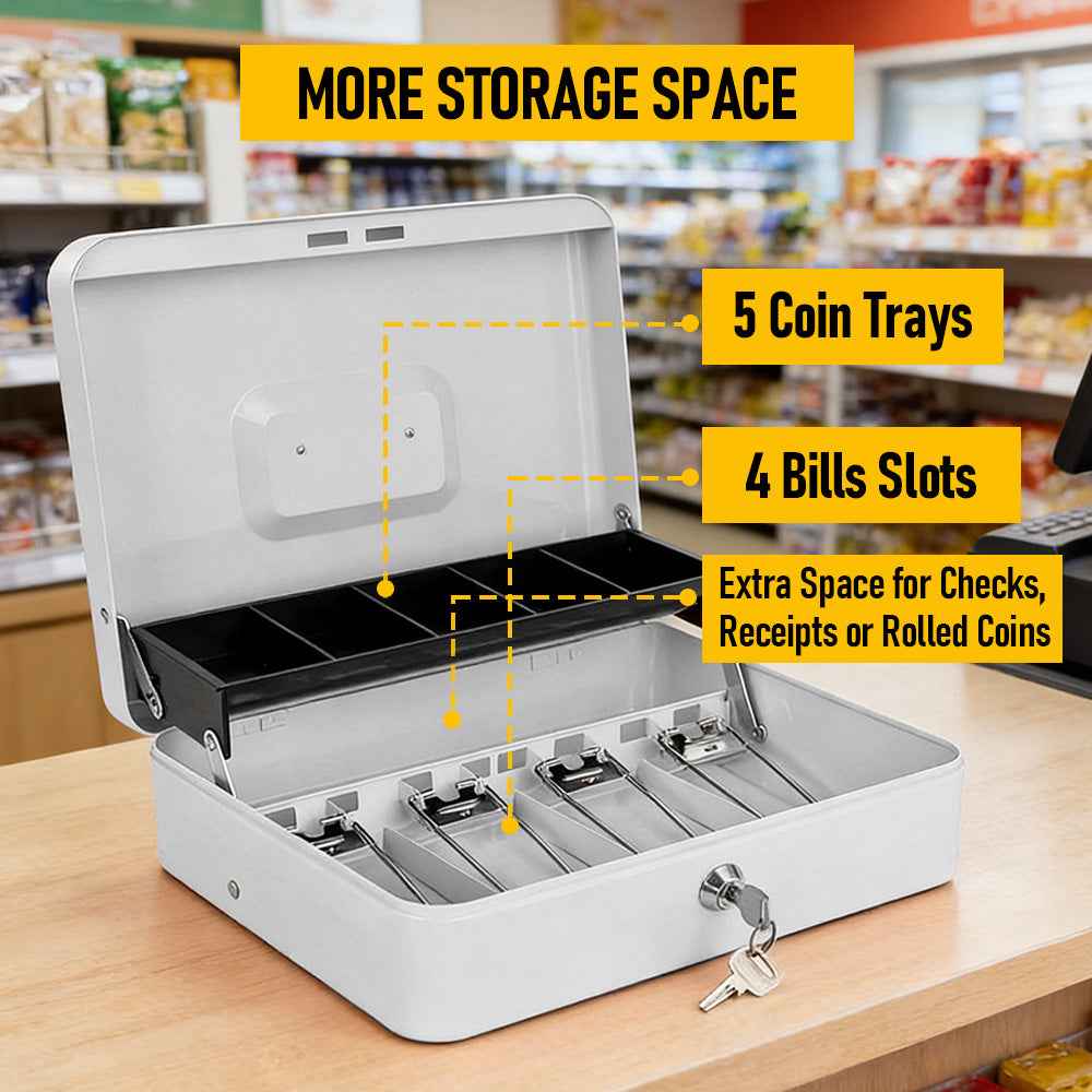 Metal Cash Box with Security Lock & 2 Keys - 4 Bill/5 Coin Tray Storage, Large Lockable Money Box for Small Business/Home