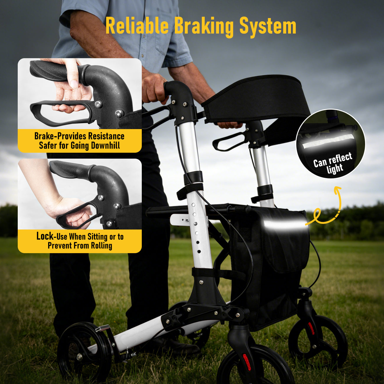 Aluminium Rollator Walker with Seat & Storage Bag | Foldable 4-Wheel Mobility Aid for Elderly | White