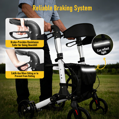 Aluminium Rollator Walker with Seat & Storage Bag | Foldable 4-Wheel Mobility Aid for Elderly | White
