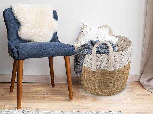 3 Pcs Cotton Rope Stripe Carry Handles Storage Baskets Set