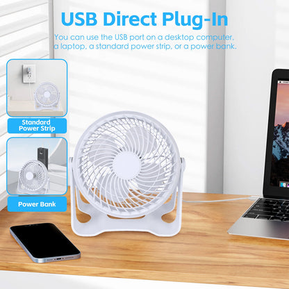 USB Powered Desk Fan – Portable 2-Speed Adjustable Angle Cooling Fan (White)