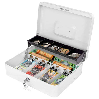 Metal Cash Box with Security Lock & 2 Keys - 4 Bill/5 Coin Tray Storage, Large Lockable Money Box for Small Business/Home