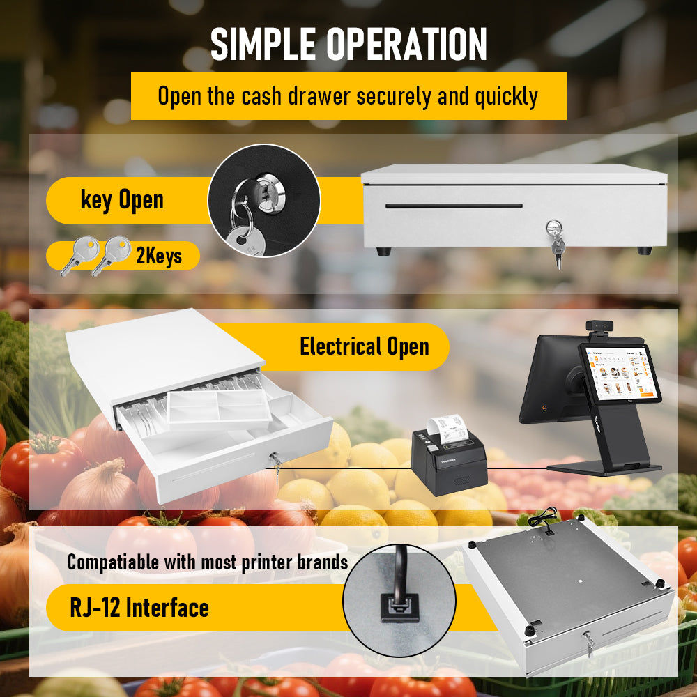 Heavy-Duty All-Metal Cash Drawer | 6 Coin Trays & 5 Note Trays | RJ-12 Interface | For Retail, Restaurant, Bar & Café