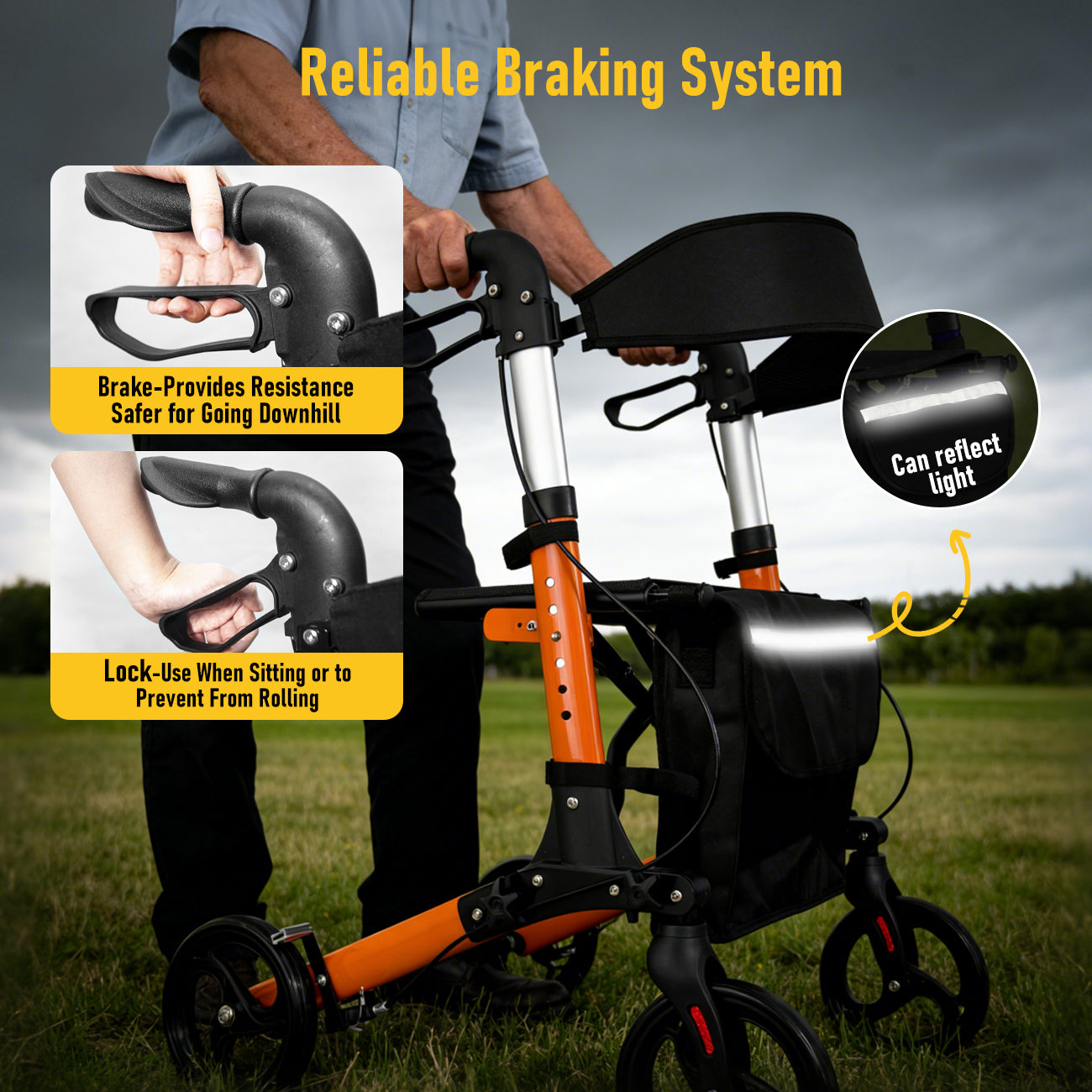 Aluminium Rollator Walker for Elderly with Seat & Reflective Strip, 4 Wheel Foldable Mobility Hight Adjustable with Storage Bag and Brakes Mobility Scooter
