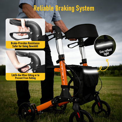 Aluminium Rollator Walker for Elderly with Seat & Reflective Strip, 4 Wheel Foldable Mobility Hight Adjustable with Storage Bag and Brakes Mobility Scooter