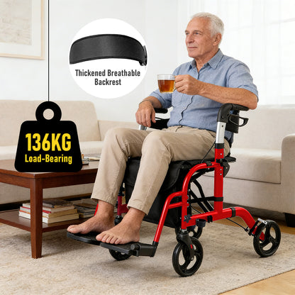 2-in-1 Rollator Walker with Seat & Transport Chair for Seniors, Lightweight Foldable Aluminum Mobility Walker, Adjustable Handles, 8" All-Terrain Wheels, Removable Storage Bag, 300 lb Capacity