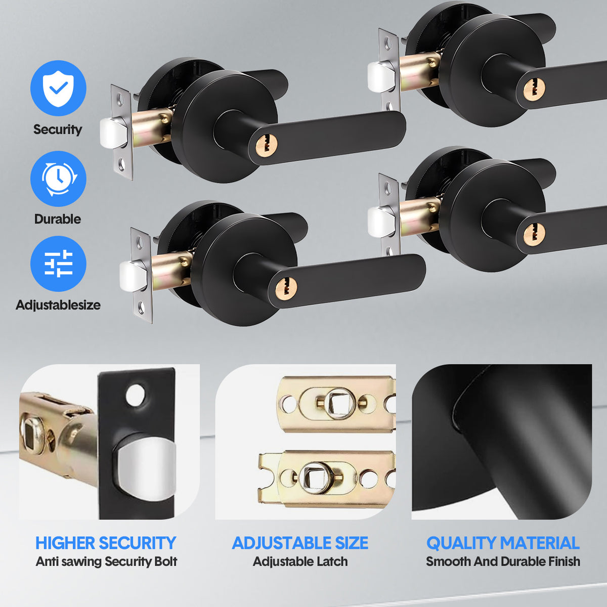 Privacy Door Lever Handle with Key, Heavy Duty Interior Door Lock, Round Design, 4 Pack, Matte Black