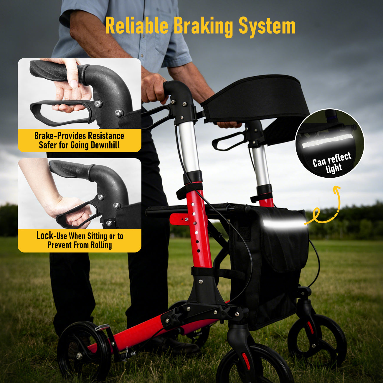 Aluminium Rollator Walker with Seat & Storage Bag | Foldable 4-Wheel Mobility Aid for Elderly | Red