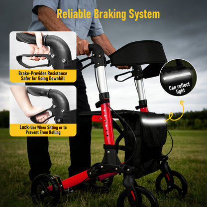 Aluminium Rollator Walker with Seat & Storage Bag | Foldable 4-Wheel Mobility Aid for Elderly | Red