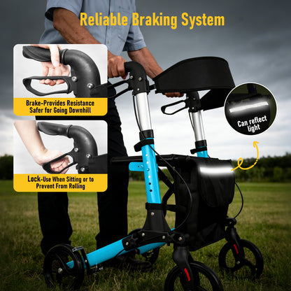 Aluminium Rollator Walker for Elderly with Seat & Reflective Strip, 4 Wheel Foldable Mobility Hight Adjustable with Storage Bag and Brakes Mobility Scooter