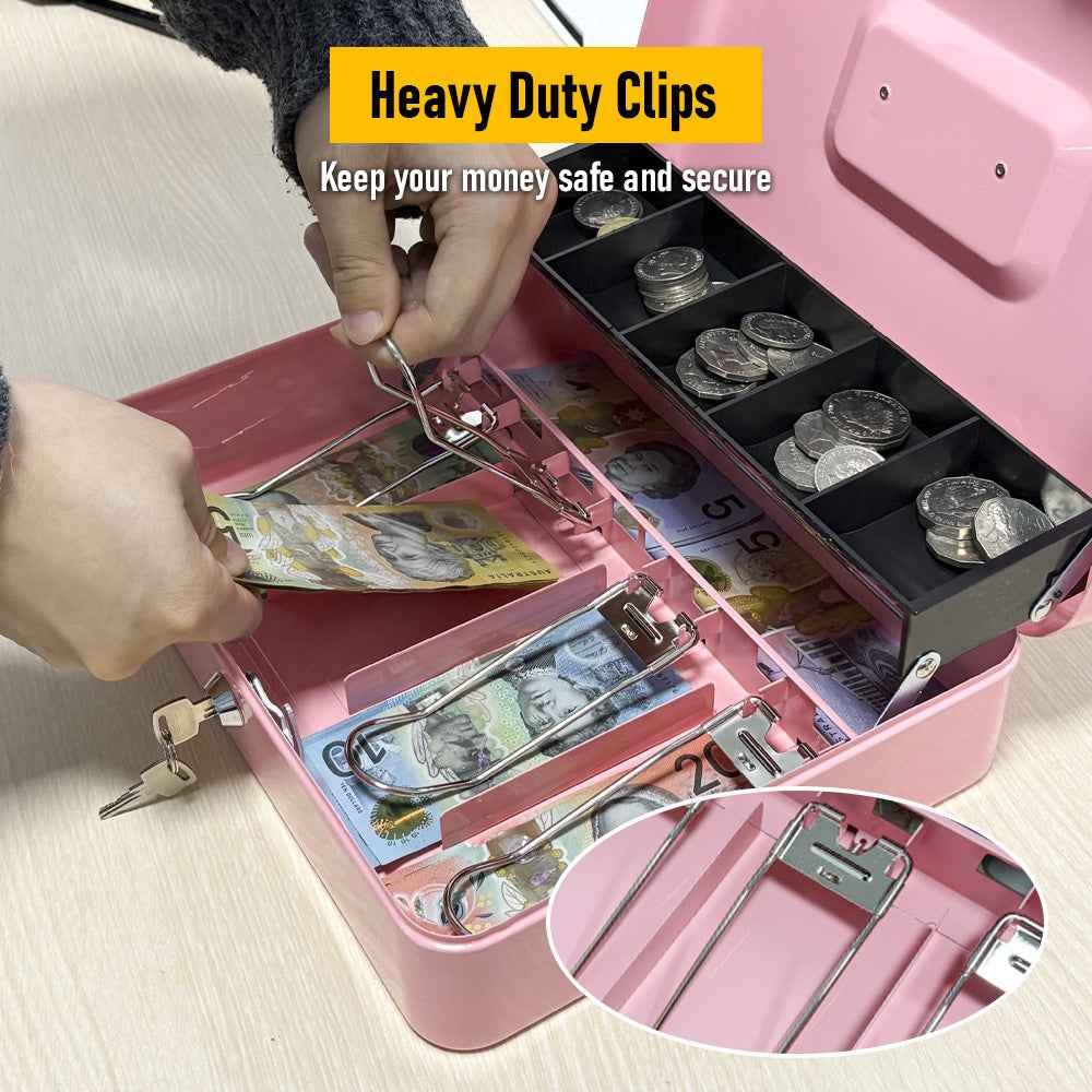 Metal Cash Box with Security Lock & 2 Keys - 4 Bill/5 Coin Tray Storage, Large Lockable Money Box for Small Business/Home (Pink)