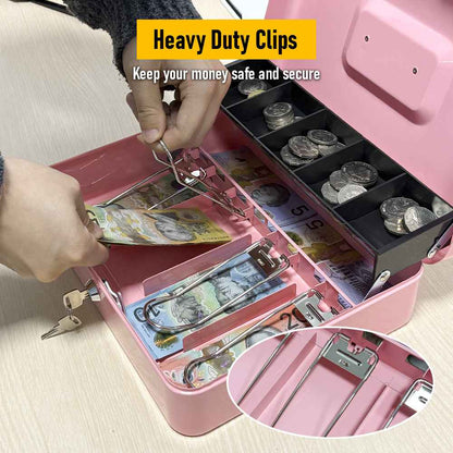 Metal Cash Box with Security Lock & 2 Keys - 4 Bill/5 Coin Tray Storage, Large Lockable Money Box for Small Business/Home (Pink)