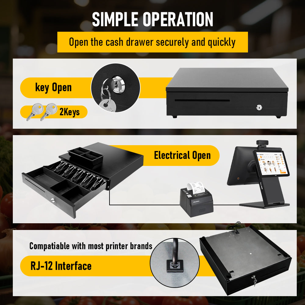 Heavy-Duty All-Metal Cash Drawer | 6 Coin Trays & 5 Note Trays | RJ-12 Interface | For Retail, Restaurant, Bar & Café | Black